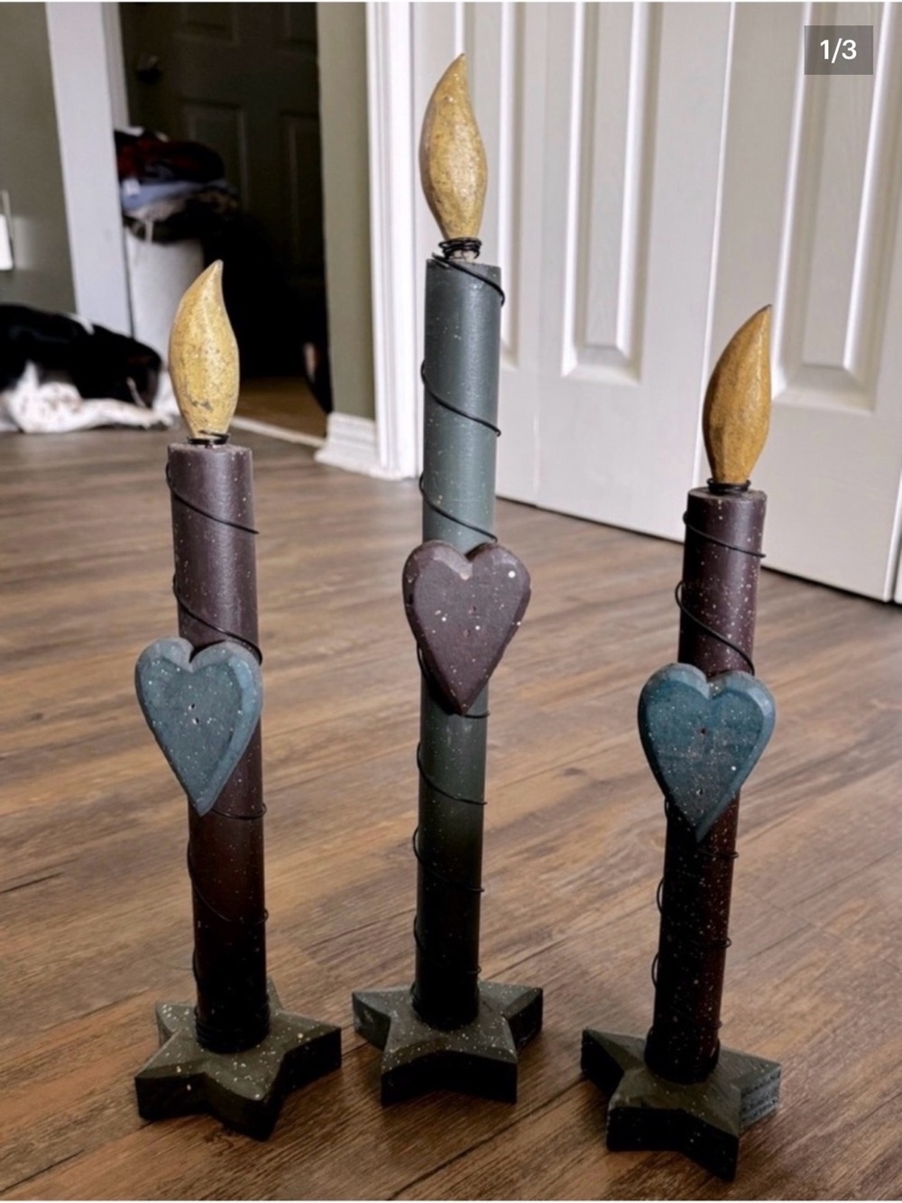 Set of 3 primitive rustic wooden candle decor